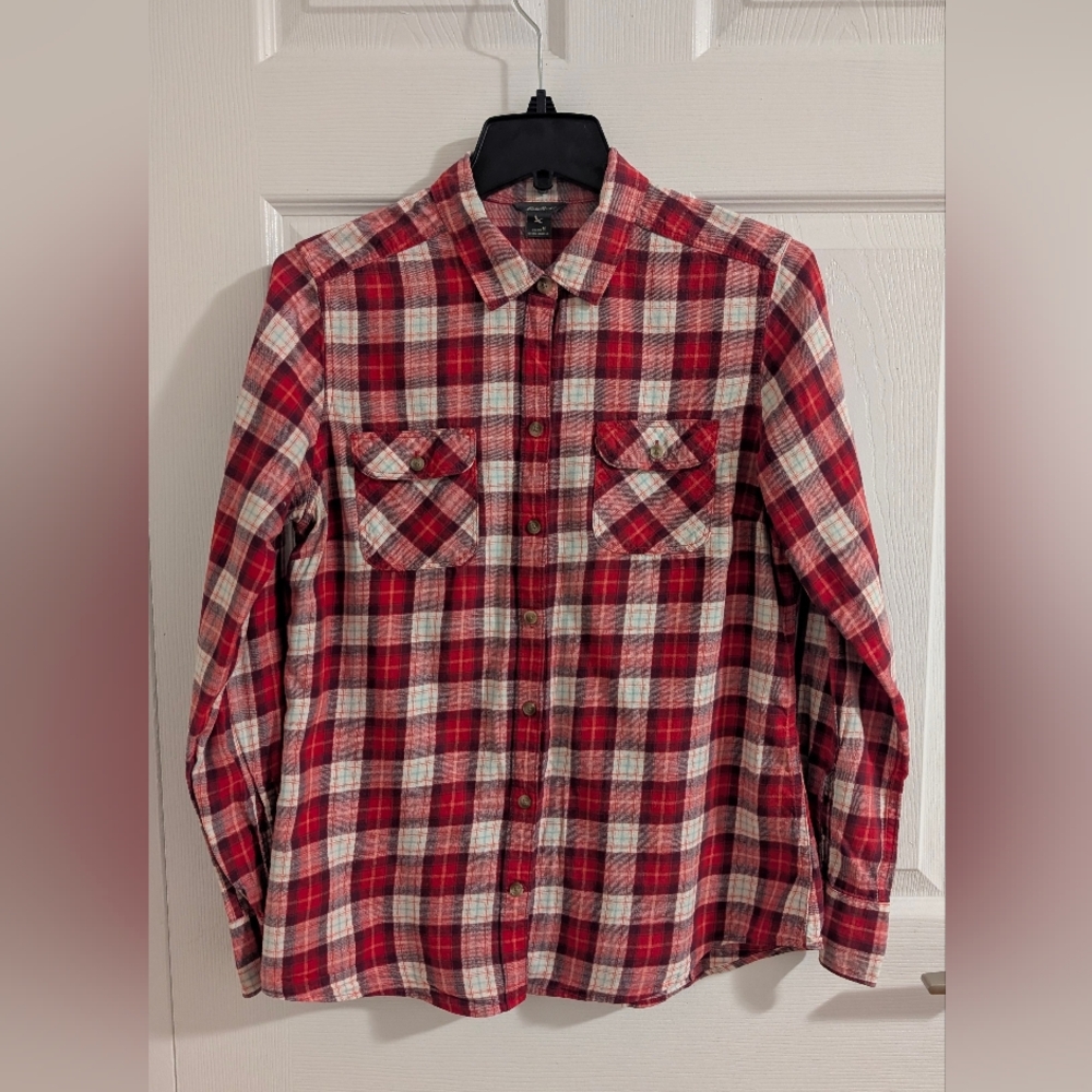 Eddie Bauer 100% Cotton Red White Plaid Button-Down Shirt Outdoor Casual Gunge M